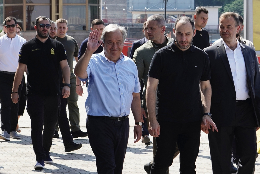United Nations Secretary General Antonio Guterres waves as he visits the Odesa Sea Port, in Odesa, Ukraine, Friday, Aug. 19, 2022.