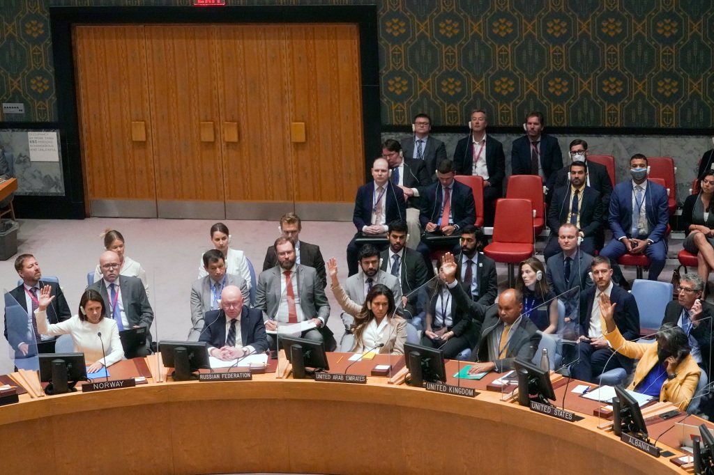 Members of the United Nations Security Council conduct a procedural vote on Aug. 24, 2022 at the U.N Headquarters. 
