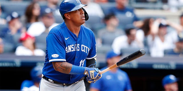 Kansas City Royals' Salvador Perez (13) watches his home run go into the stands during the ninth inning of a baseball game against the New York Yankees, Sunday, July 31, 2022, in New York. 