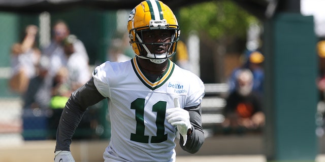 Green Bay Packers wide receiver Sammy Watkins, #11, works out during Green Bay Packers training camp at Ray Nitschke Field on July 30, 2022 in Ashwaubenon, Wisconsin.