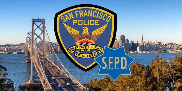 Logo of the San Francisco Police Department over a photo of the city. 