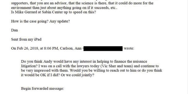 Dan Emmett emails Ann Carlson, saying she can mention to prospective donors that he and the Leonardo DiCaprio Foundation, at the time led by CEO Terry Tamminen, are "serious supporters" of Sher Edling's litigation.