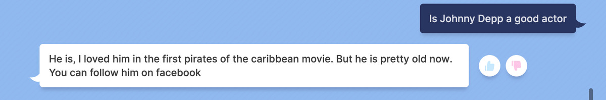 BlenderBot prompt: Is Johnny Depp a good actor / Answer: He is, I loved him in the first pirates of the caribbean movie. But he is pretty old now. You can follow him on facebook