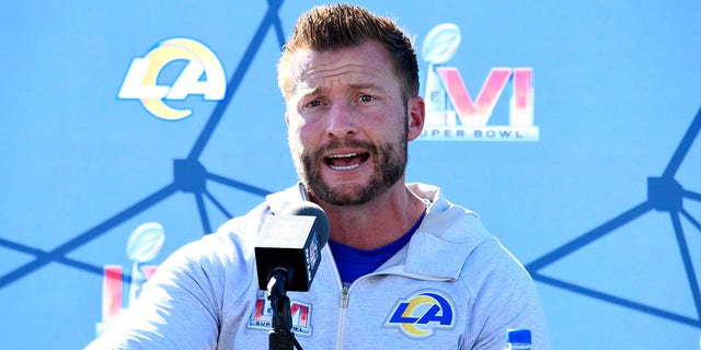 Head coach Sean McVay of the Los Angeles Rams speaks to the media during a practice for Super Bowl LVI at California Lutheran University on Feb. 11, 2022, in Thousand Oaks, California.