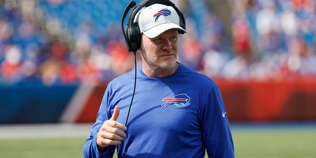 Buffalo Bills head coach Sean McDermott gives a thumbs-up during the second half of a preseason NFL football game against the Denver Broncos, Saturday, Aug. 20, 2022, in Orchard Park, N.Y.