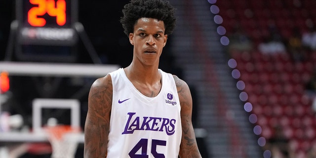 Los Angeles Lakers forward Shareef O'Neal, #45, reacts during an NBA Summer League game against the Phoenix Suns at T&amp;M in Las Vegas July 8, 2022.