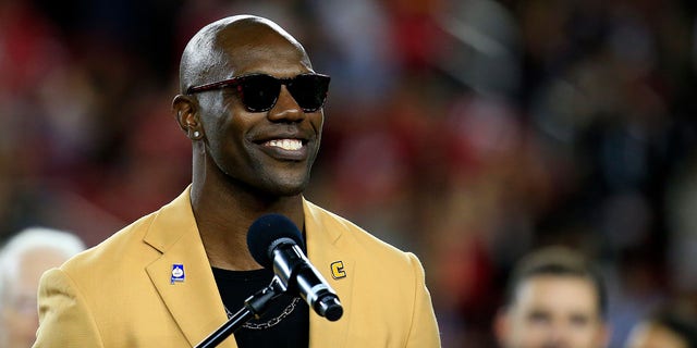 Hall of Fame inductee Terrell Owens speaks during a ceremony at halftime of the game between the San Francisco 49ers and the Oakland Raiders at Levi's Stadium on November 1, 2018 in Santa Clara, California.