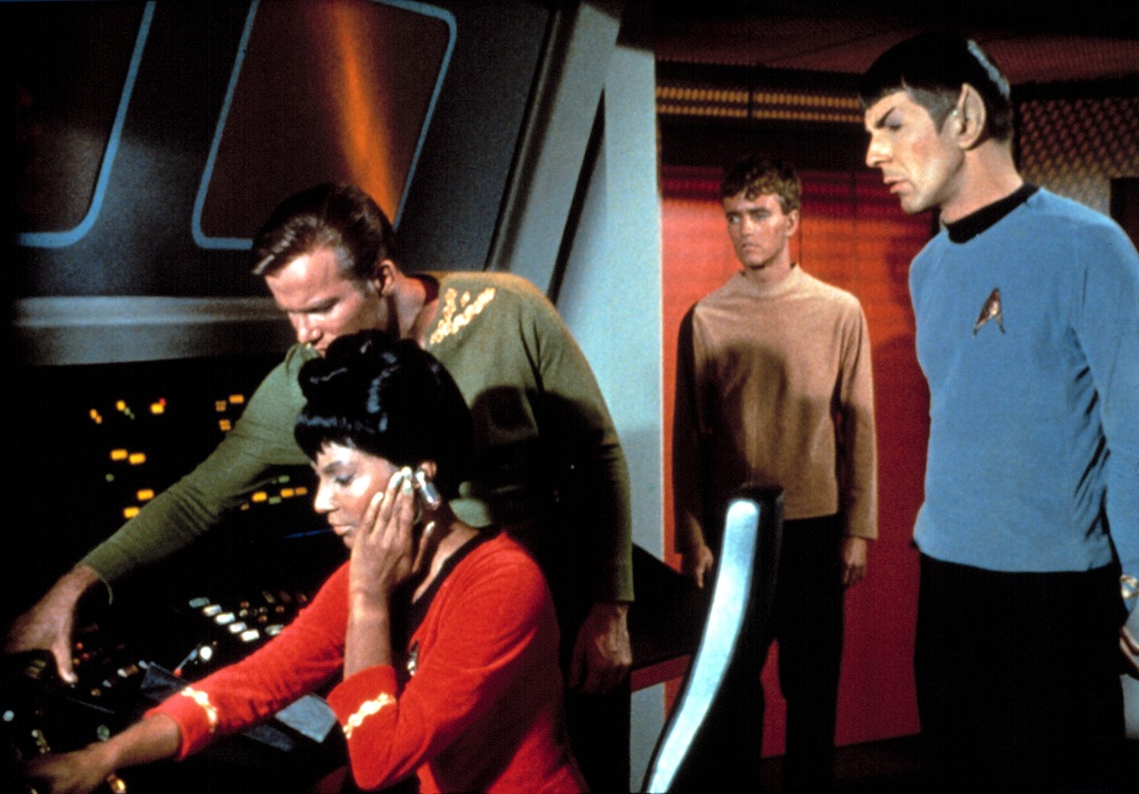 Nichelle Nichols, William Shatner, Robert Walker, Jr, and Leonard Nimoy are shown in Season 1 of Star Trek.