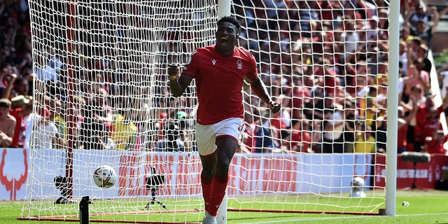 Nottingham Forest's Taiwo Awoniyi celebrates after scoring against West Ham on Sunday, Aug. 14, 2022.