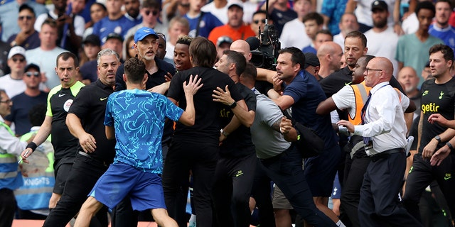 Tottenham's head coach Antonio Conte celebrated the Spurs’ first game-tying goal by barging into the chest of Chelsea's head coach Thomas Tuchel, sparking a melee among the two sets of coaching staff.