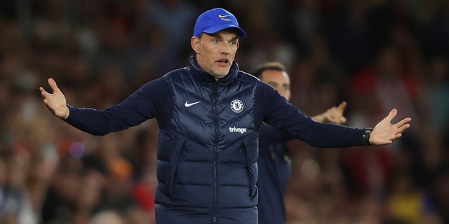 Chelsea's head coach Thomas Tuchel reacts during the English Premier League soccer match between Southampton and Chelsea at St Mary's Stadium, Southampton, England, Tuesday, Aug. 30, 2022.