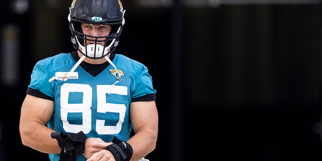 Tim Tebow of the Jacksonville Jaguars looks on during training camp at TIAA Bank Field, July 30, 2021, in Jacksonville, Florida.