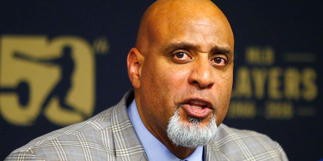 MLBPA Executive Director Tony Clark speaks during a press conference on youth initiatives at Citi Field in New York on June 16, 2016.