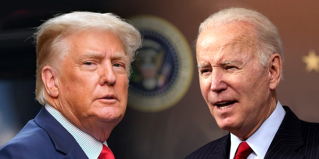 NEW YORK, NEW YORK - MAY 18: (EXCLUSIVE COVERAGE) Former U.S. President Donald Trump leaves Trump Tower in Manhattan on May 18, 2021 in New York City. (Photo by James Devaney/GC Images) ____ WASHINGTON, DC - NOVEMBER 23: U.S. President Joe Biden speaks on the economy during an event at the South Court Auditorium at Eisenhower Executive Office Building on November 23, 2021 in Washington, DC. 