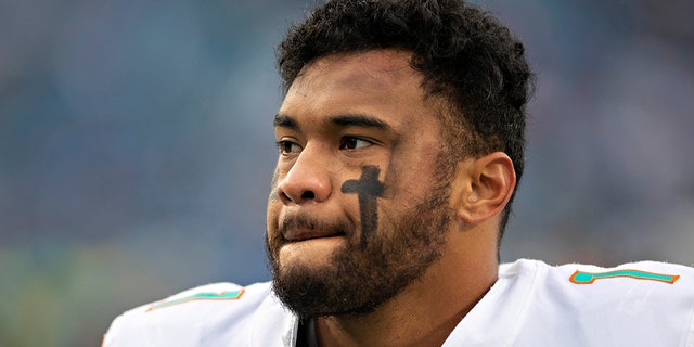 Tua Tagovailoa of the Miami Dolphins before the Tennessee Titans game at Nissan Stadium on Jan. 2, 2022, in Nashville.