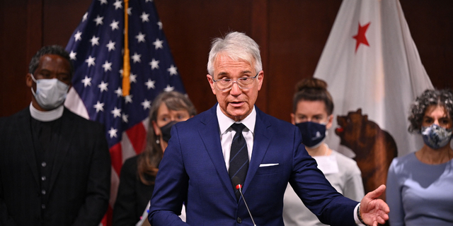 Los Angeles County District Attorney George Gascón speaks at a press conference, December 8, 2021 in Los Angeles.