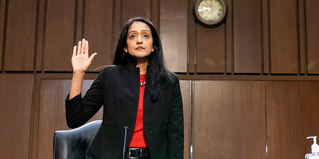 Vanita Gupta, nominated to be associate attorney general, is sworn in before a Senate Judiciary Committee hearing on Capitol Hill, March 9, 2021.