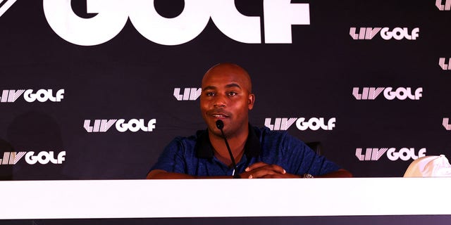 Harold Varner III speaks to the media during a press conference prior to the LIV Golf Invitational Boston at The Oaks golf course at The International on Aug. 31, 2022, in Bolton, Massachusetts.