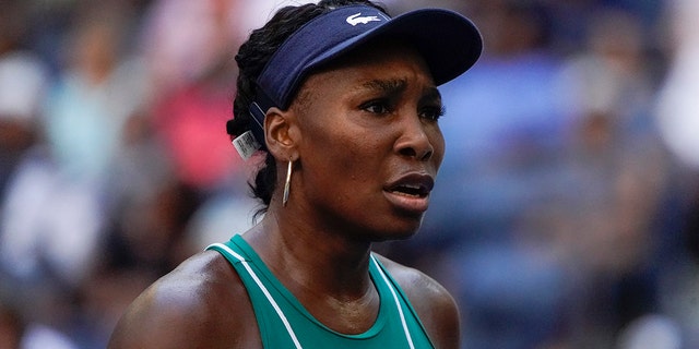 Venus Williams reacts during a match against Alison Van Uytvanck of Belgium during the first round of the U.S. Open in New York on Aug. 30, 2022.