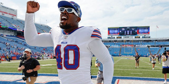 Buffalo Bills' Von Miller reacts as he leaves the field after a preseason NFL football game against the Denver Broncos, Saturday, Aug. 20, 2022, in Orchard Park, N.Y.