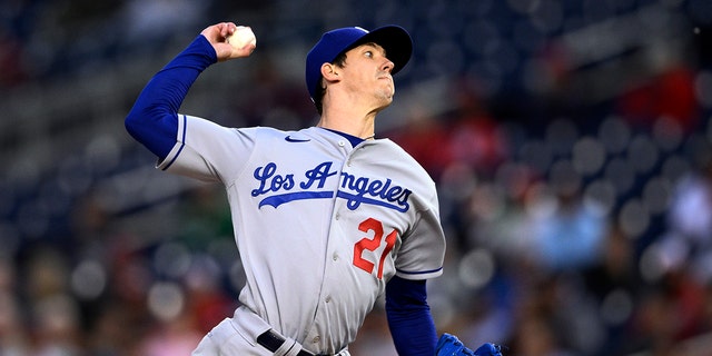 Los Angeles Dodgers starting pitcher Walker Buehler throws during a game against the Washington Nationals May 24, 2022, in Washington.