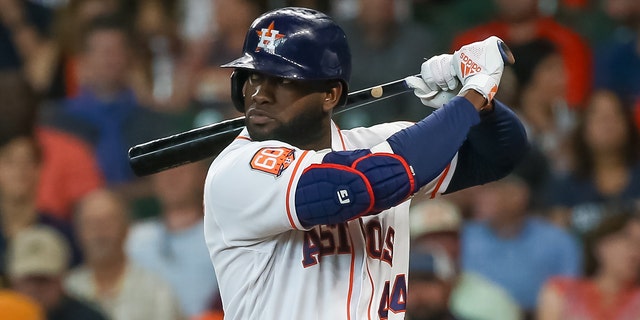 Houston Astros designated hitter Yordan Alvarez watches the pitch in the bottom of the third inning against the Boston Red Sox, Aug. 3, 2022, at Minute Maid Park in Houston, Texas.