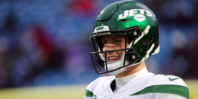 Zach Wilson of the New York Jets warms up prior to a game against the Buffalo Bills at Highmark Stadium Jan. 9, 2022, in Orchard Park, N.Y.