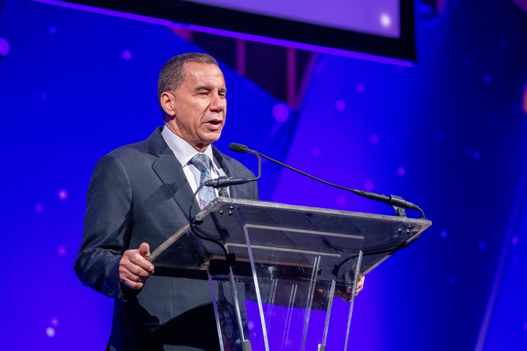 Former Governor of New York David Paterson on stage during the 29th Annual Achilles Gala Honoring president and CEO of Cinga David Cordani with "Volunteer of the Year Award"  at Cipriani South Street on November 20, 2019 in New York City. 