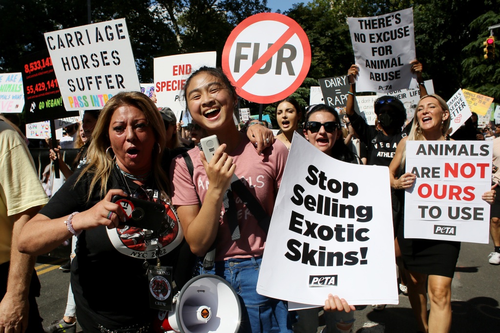 Activists shout slogans The Animal Rights March on August 27, 2022 in New York City.