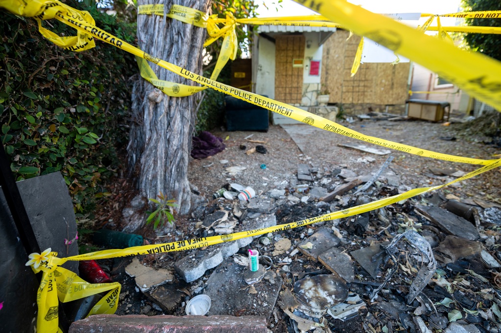 The scene where actress Anne Heche crashed a car into a house on Aug. 5, as seen one week later on Aug. 14 in Los 