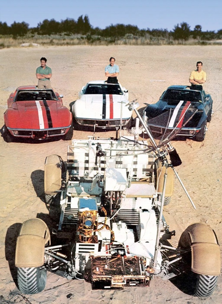 Apollo 15 astronauts Jim Irwin (left), Al Worden (center) and David Scott with their matching AstroVettes and lunar roving vehicle, from the pages of LIFE magazine in June 1971.