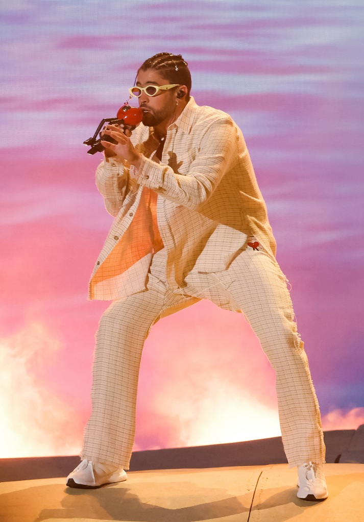 Bad Bunny performs during a "World's Hottest Tour" tour stop on Aug. 12 in Miami, Florida.