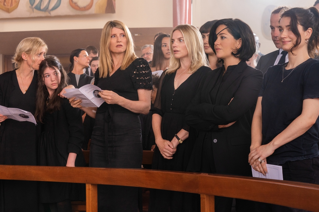 The sisters stand in a church pew at John Paul's funeral: Grace (Anne-Marie Duff), Grace's daughter (Saise Quinn), Eva (Sharon Horgan), Ursula (Eva Birthistle), Bibi (Sarah Greene) and Becka (Eve Hewson), right, in “Bad Sisters." 