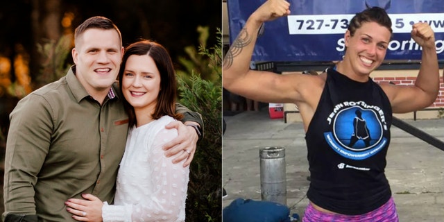 A photo combination of slain Microsoft executive Jared Bridegan and his wife, Kirsten Bridegan, on the left, and Shanna Gardner-Fernandez posing in workout gear.