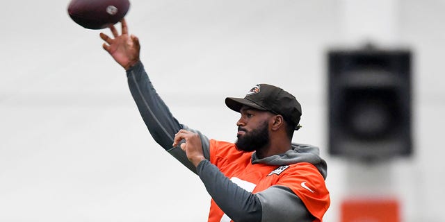 Jacoby Brissett #7 of the Cleveland Browns throws a pass during Cleveland Browns training camp at CrossCountry Mortgage Campus on July 27, 2022 in Berea, Ohio.