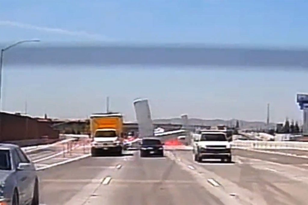 Dashcam footage shows a small airplane crashing on the 91 Freeway in Riverside County, California.
