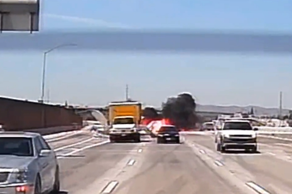 Dashcam footage shows a small airplane crashing on the 91 Freeway in Riverside County, California.