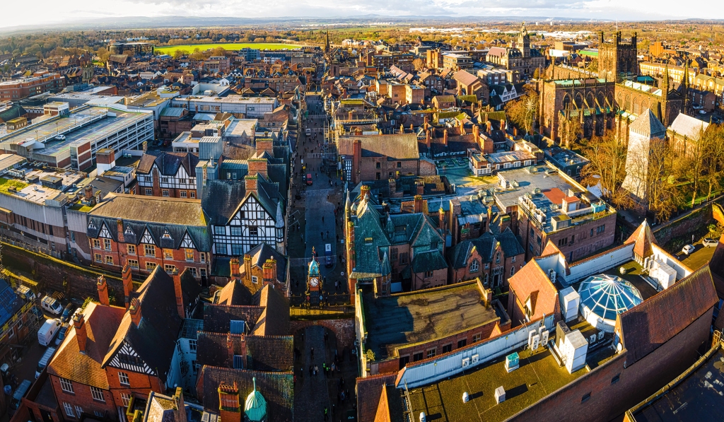 Aerial view of Chester, a city in northwest England, near the Wales border.