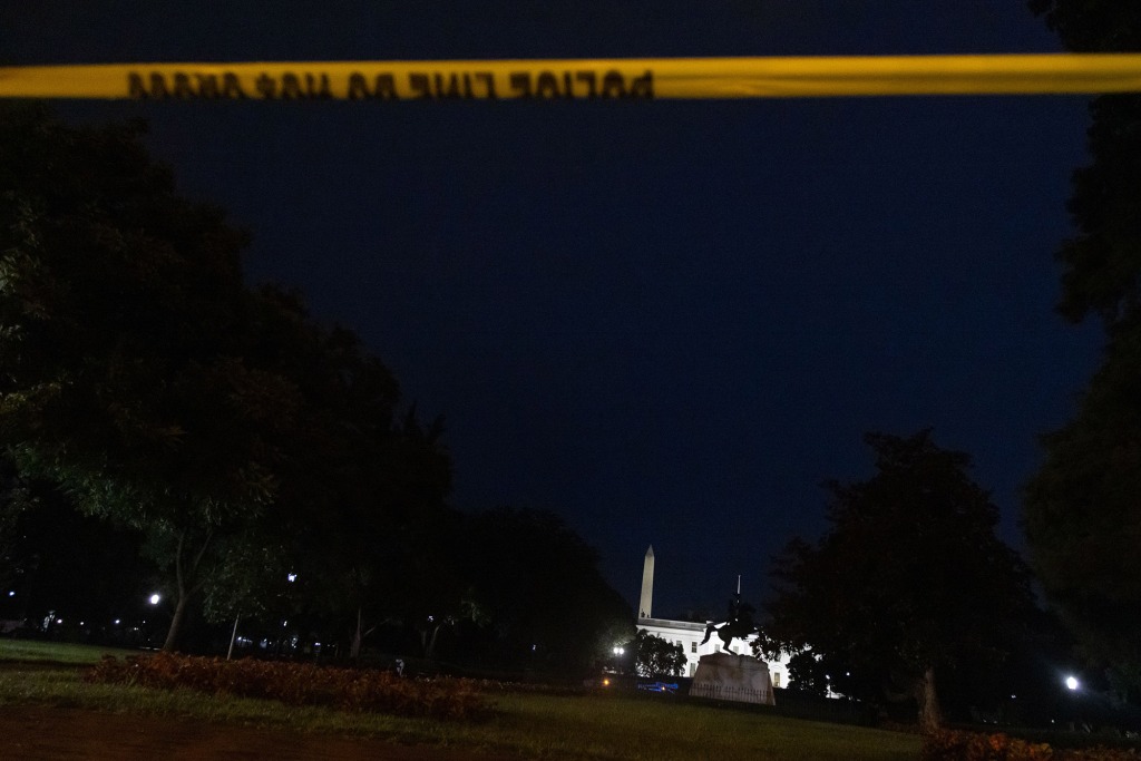 Lafayette Park and the White House in Washington, D.C. are seen blocked off after a lightning strike critically injured four people on August 4, 2022.