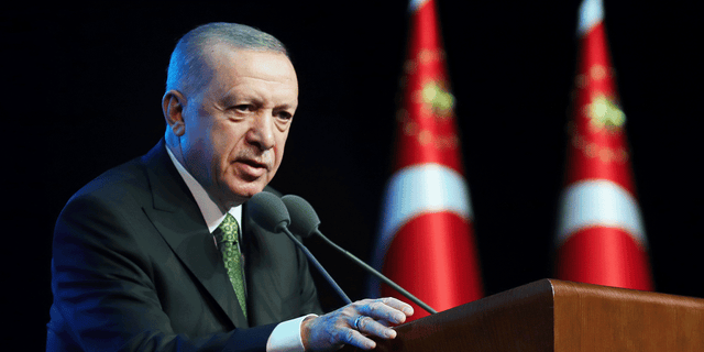 ANKARA, TURKIYE - JUNE 2 : Turkish President Recep Tayyip Erdogan speaks during the High School Students Research Project Final Competition and Award Ceremony at Bestepe Peopleâs Congress and Culture Center in Ankara, Turkiye on June 2, 2022. (Photo by Mustafa Kamaci/Anadolu Agency via Getty Images) 