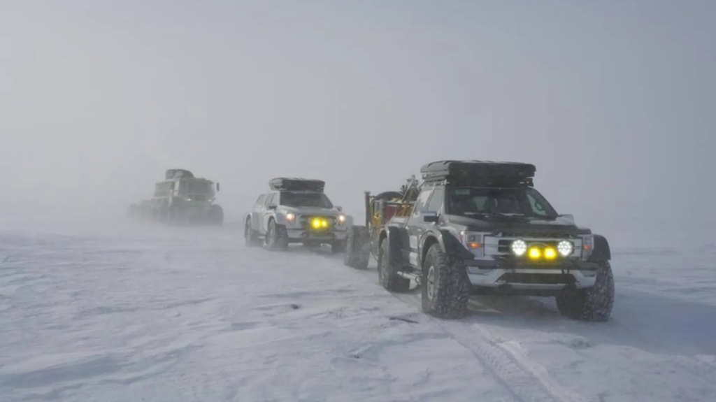 The truck was driving over the ice from Yellowknife to Resolute, Canada during a test run for the the Transglobal Car Expedition in 2024.