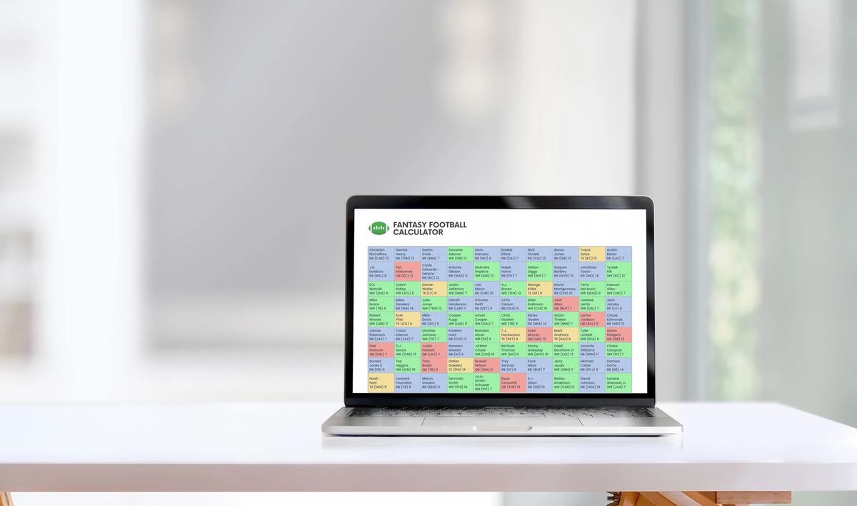 A Fantasy Football Calculator screenshot on a laptop.