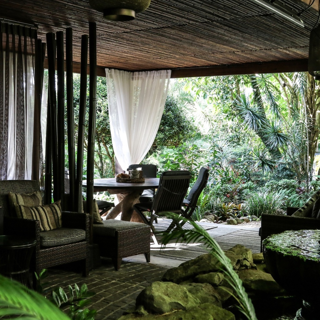 The lounge area of the Gaia retreated surrounded by nature.