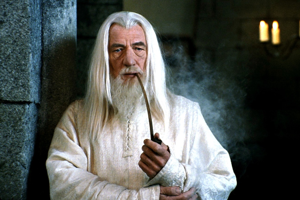 Ian McKellan as Gandalf  smoking a pipe in "The Lord of the Rings: The Return of the King." 