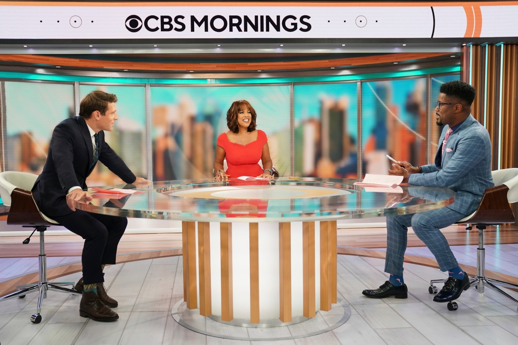 CBS Mornings Co-Hosts L to R: Tony Dokoupil, Gayle King, and Nate Burleson. 