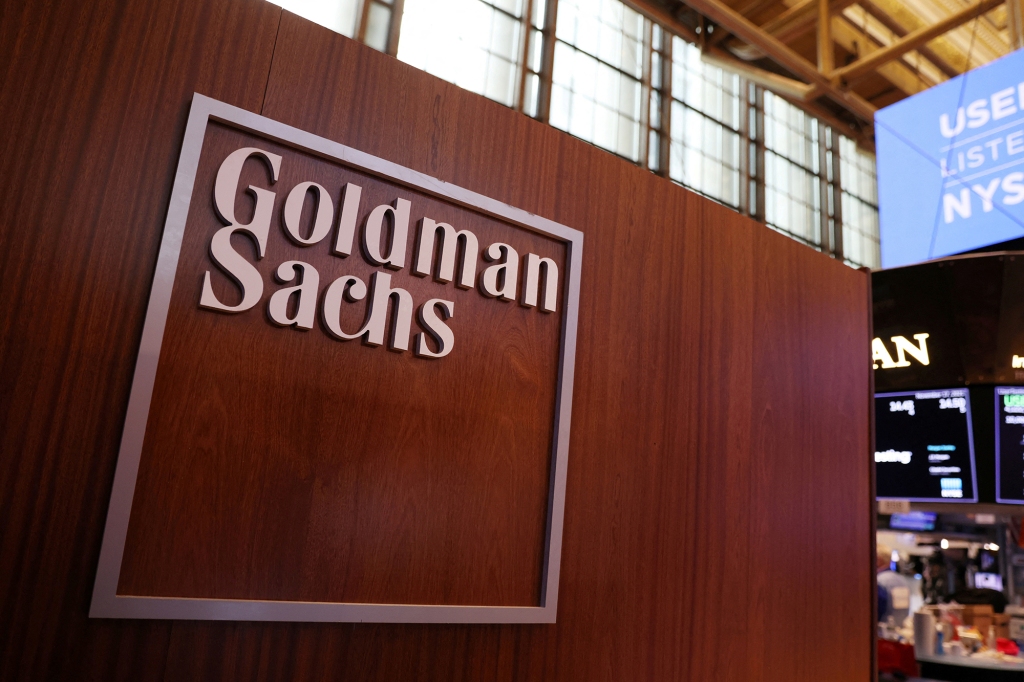 The logo for Goldman Sachs is seen on the trading floor at the New York Stock Exchange.