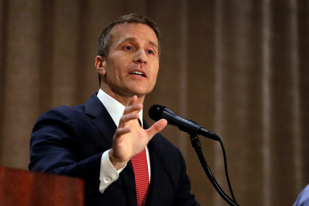 Republican gubernatorial candidate Eric Greitens during the first general election debate in the race for Missouri governor at the Missouri Press Association convention Friday, Sept. 30, 2016, in Branson, Mo.