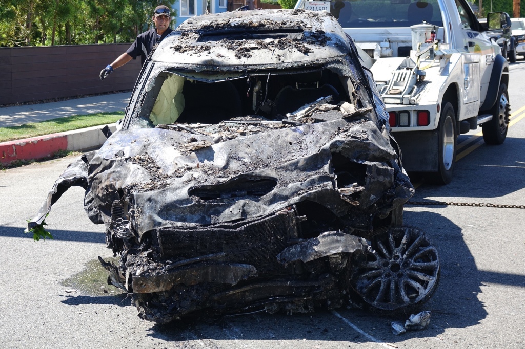 More than 50 firefighters worked to clear out a huge blaze from Anne Heche’s Mini Cooper.