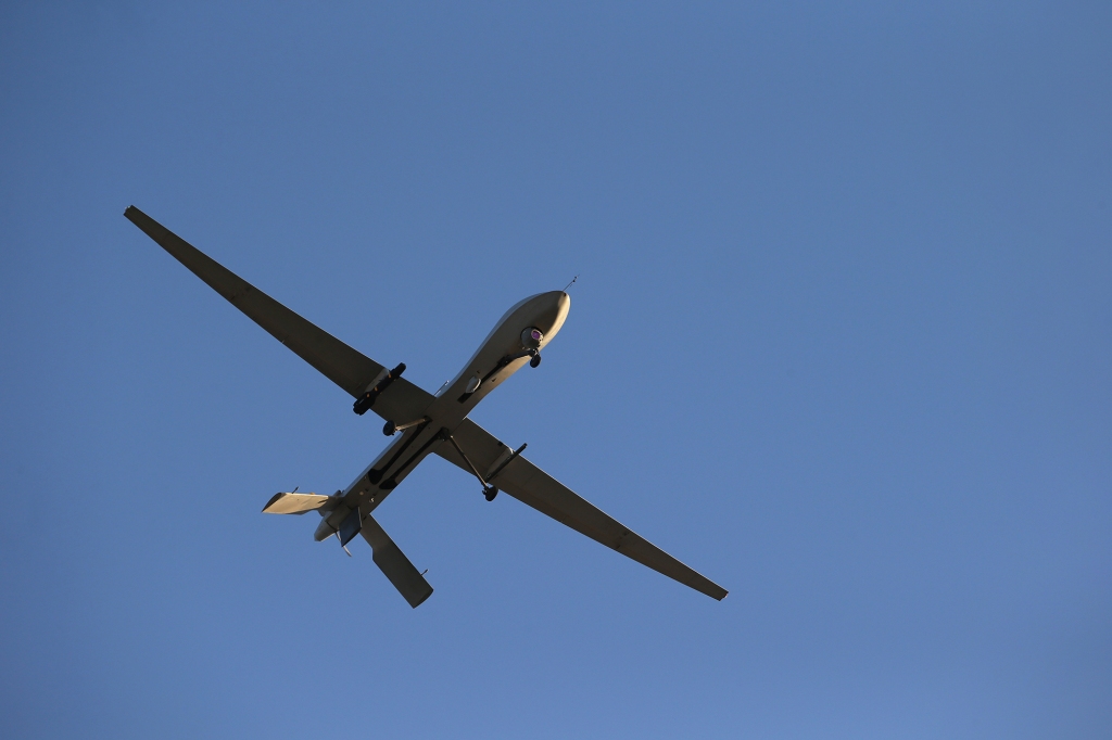 A U.S. Air Force MQ-1B Predator unmanned aerial vehicle (UAV), carrying a Hellfire missile.