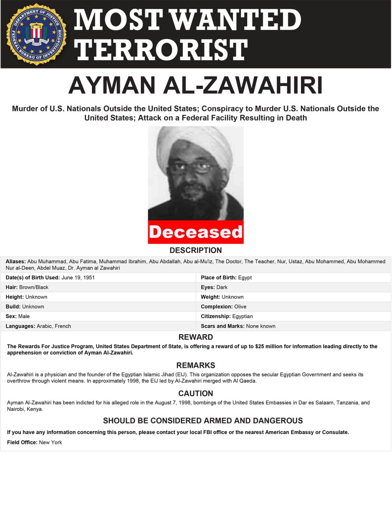 Most Wanted Terrorist appeal for Ayman al-Zawahiri updated to show he is "deceased."